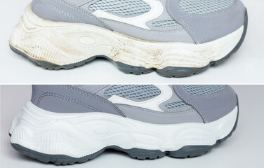 Comparison of dirty and clean sneakers after cleaning the dirt.