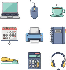 A collection of office-related icons, including a laptop, mouse, coffee cup, calendar, printer, notebook, stapler, calculator, and headphones.