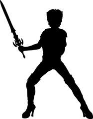Black silhouette of a female warrior holding a sword and shield. Brave fighter in battle pose, medieval weapon, fantasy character illustration, strong woman, heroic stance on white background.