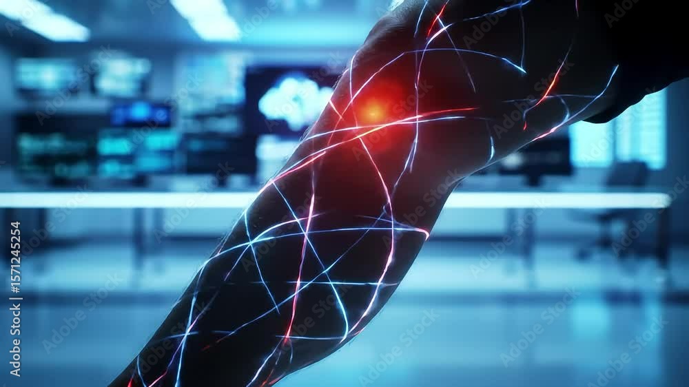Poster animated depiction of a limb with interconnected energy pathways and highlighted points
