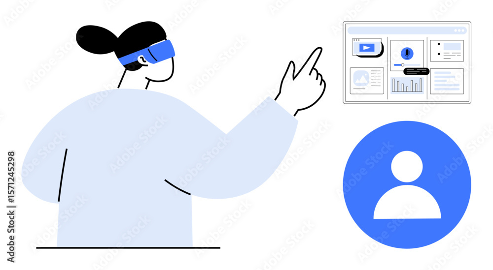 Poster woman with vr headset interacts with futuristic interface featuring user profile and data panels. id