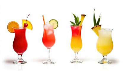 Four colorful tropical cocktails garnished with fruit and served in hurricane glasses