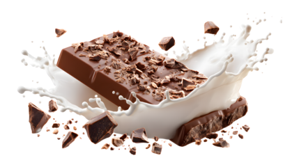 Delicious chocolate bar crushed into pieces with a milk splash isolated on a white background