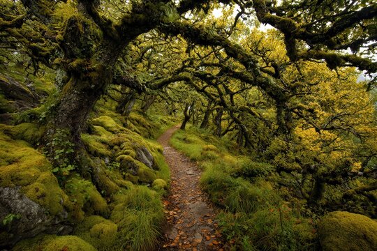 graceful fall trail among ancient vine covered trees