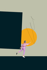 Banner zine image 3d vertical collage of happy businessman businesswoman stand chart development...