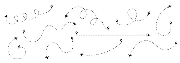 Travel line for plane icon and flight vector with path on air map. Route and trip traced by dash or dot toward the airport or destination. Clean silhouette design.