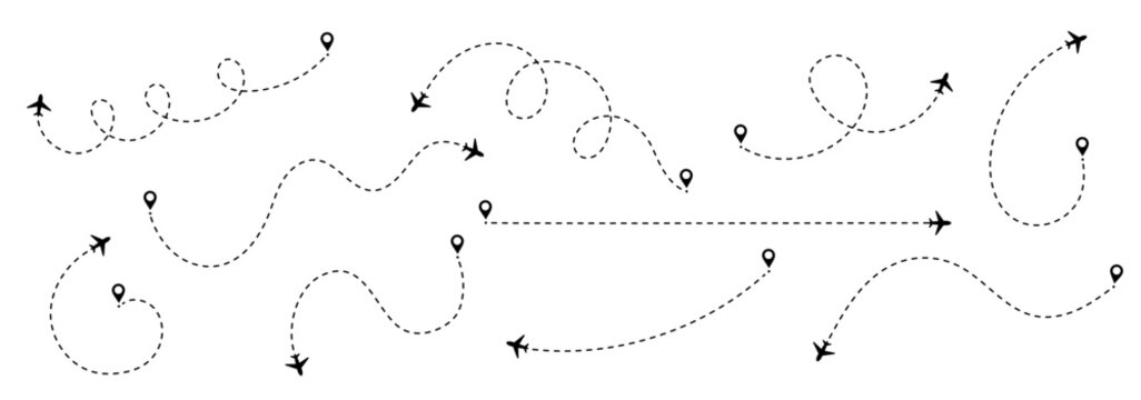 Travel line for plane icon and flight vector with path on air map. Route and trip traced by dash or dot toward the airport or destination. Clean silhouette design.