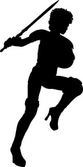 Black silhouette of a female warrior holding a sword and shield. Brave fighter in battle pose, medieval weapon, fantasy character illustration, strong woman, heroic stance on white background.