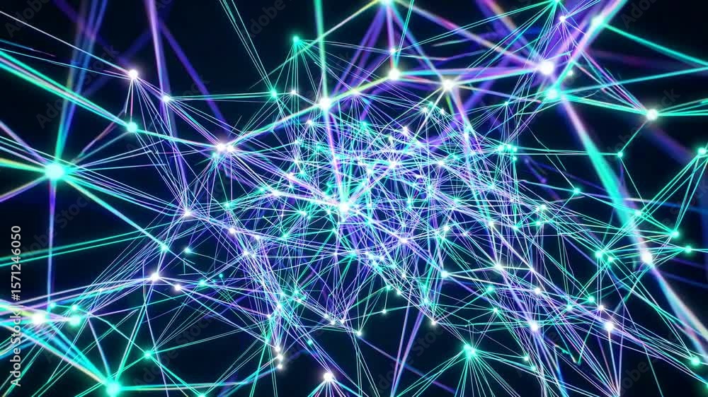 Poster digital visualization of a neural network in motion with bright blue and purple light - artificial i