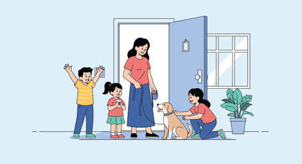 A family gathers at the open doorway with their dog excited to go outside and play