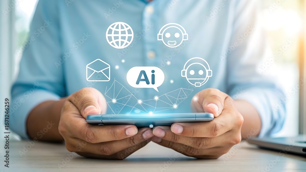 Poster person holding a smartphone displaying artificial intelligence icons for global communication email 