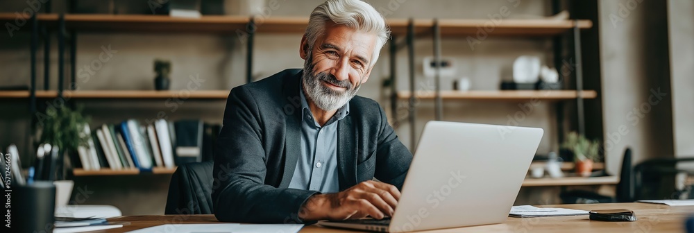Poster a man is sitting at a desk with a laptop in front of him. he is smiling and he is enjoying himself