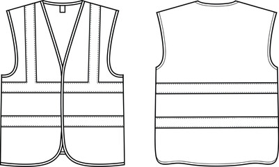 Reflective safety vest vector template, front and back CAD design, workwear apparel flat sketch, technical drawing, construction uniform