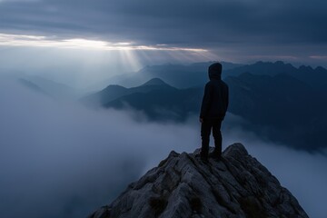 A man stands on a mountain top, looking out at the horizon. The sky is cloudy and the sun is shining through the clouds, creating a beautiful and serene atmosphere. The man is lost in thought