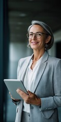 A woman in a gray suit holding a tablet. She is smiling and she is happy. Concept of professionalism and confidence