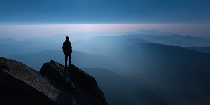 A man stands on a mountain top, looking out over the horizon. The sky is dark and the mountains are in the background. The man is alone and contemplative, taking in the beauty of the landscape