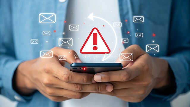 Person holding smartphone with digital email icons and a prominent red warning sign with exclamation mark symbolizing alerts