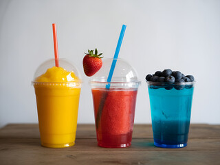 Three colorful fruit smoothies in plastic cups with straws on a wooden surface against a white wall
