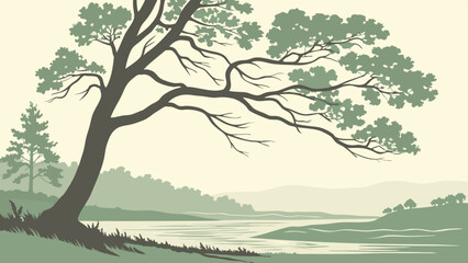 Vector Serene landscape features large tree with intricate branches, overlooking calm river