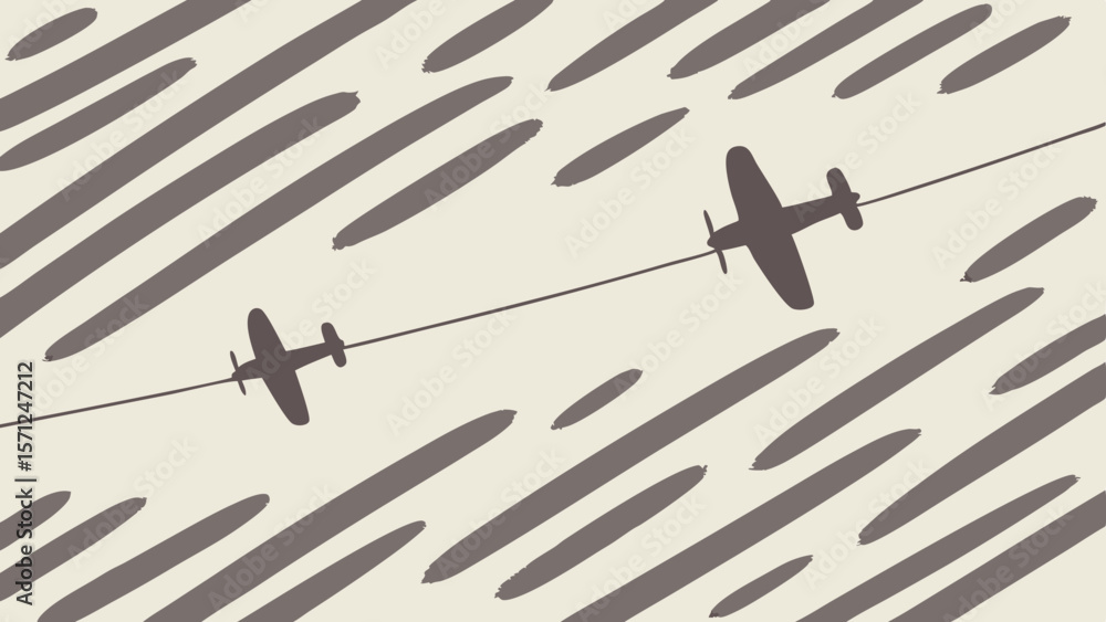 Poster vector abstract illustration featuring two airplanes against beige background with dynamic lines