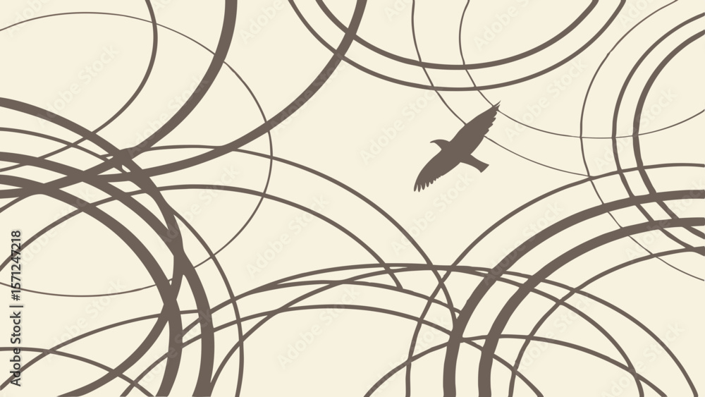 Poster vector minimalist design featuring bird flight against cream background with circular patterns evoke