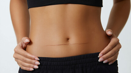 Woman's belly with a well-healed scar below the navel on white background