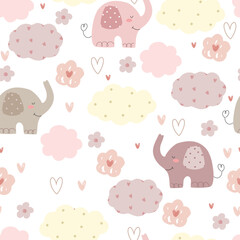 Seamless pattern with hand drawn elephants, hearts, flowers and clouds. Vector illustration with cute animals and flowers.