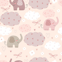 Cute elephants, clouds , flowers and hearts, hand drawn seamless pattern. Vector illustration with animals and clouds.