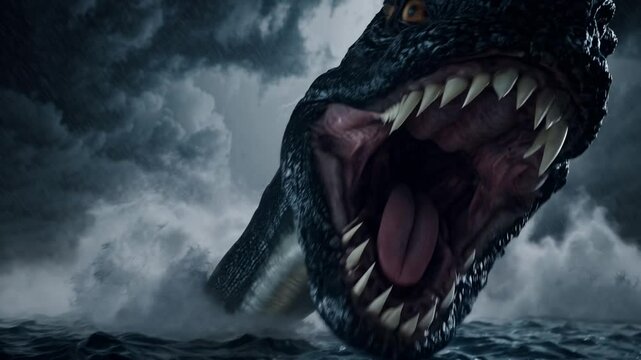 Mythical sea serpent emerging from stormy ocean waters during lightning storm - fantasy creature concept