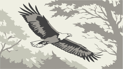 Obraz premium Vector Majestic eagle soaring through serene landscape with trees in background