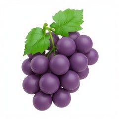 A realistic bunch of vibrant purple grapes with a fresh green leaf on a white background