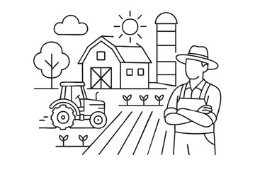 Farm scene with barn, tractor, crops and farmer in hat. Simple countryside coloring page for kids. 