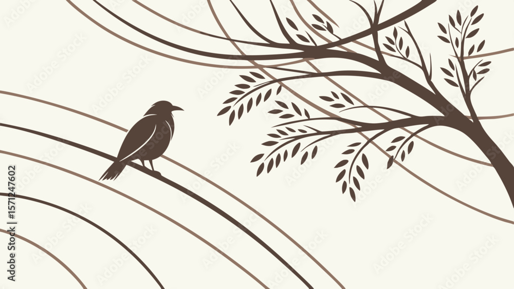 Poster vector bird sits on branch, surrounded by elegant lines and leaves, creating serene atmosphere