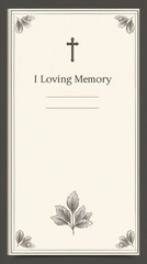 Minimalist Christian funeral template with cross, corner leaves, and blank space for memorial details