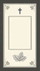 Minimalist Christian funeral template with cross, corner leaves, and blank space for memorial details