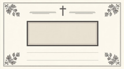 Minimalist Christian funeral template with cross, corner leaves, and blank space for memorial details