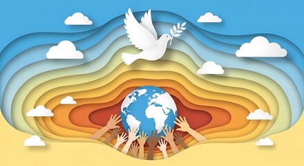 Paper Cut Art Dove of Peace, Global Unity, Hands Holding Earth