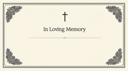 Minimalist Christian funeral template with cross, corner leaves, and blank space for memorial details