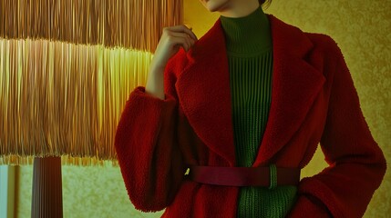 Woman wearing a red coat and green sweater in a room with a vintage lamp.