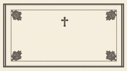 Minimalist Christian funeral template with cross, corner leaves, and blank space for memorial details