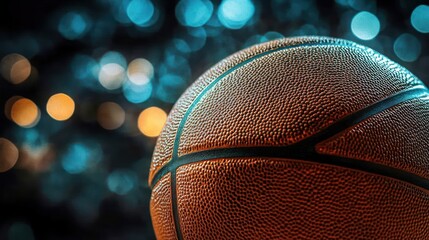 Close-up basketball against a blurred arena background. Leather ball, textured surface, game atmosphere