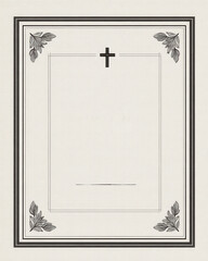 Minimalist Christian funeral template with cross, corner leaves, and blank space for memorial details