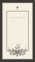Minimalist Christian funeral template with cross, corner leaves, and blank space for memorial details
