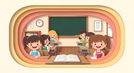 Happy Students in a Vibrant Classroom Setting Paper Cutout Style Illustration