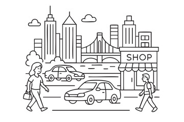 Modern city with bridge, skyscrapers, cars and pedestrians walking past a street shop. Vector line art.  © Nenana