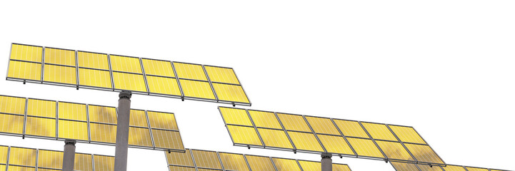 Solar power station at sunset isolated on a transparent background. Sun panels reflecting the vibrant sunset sky and clouds. 3D illustration.