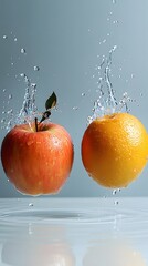 Juicy fruits suspended in mid-air with water splashes.