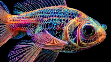 Stunning iridescent goldfish with intricate glowing patterns on scales and fins