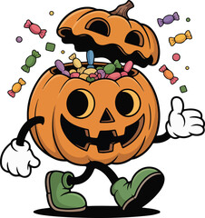 Pumpkin character walking and overflowing with Halloween candy Transparent png vector 