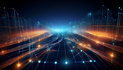 abstract digital network with interconnected glowing nodes and flowing light strands on a dark background symbolizing data connectivity and technology